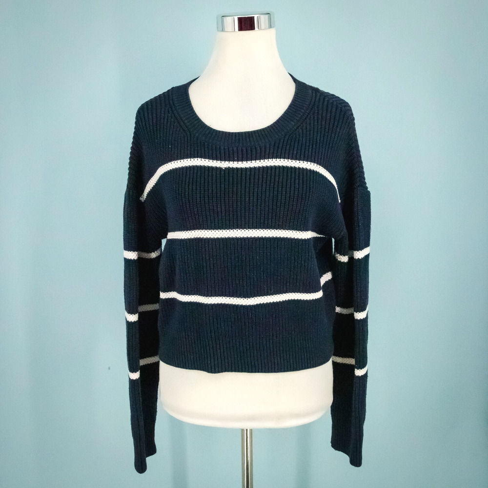 Vince Size Small S Navy Blue Stripe Nautical Print Ribbed Knit Crew Crop Sweater